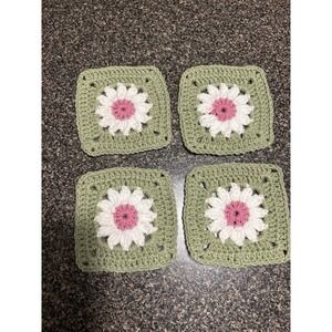 4 Handmade Crocheted Squares Pink And Green 6"‎ Square